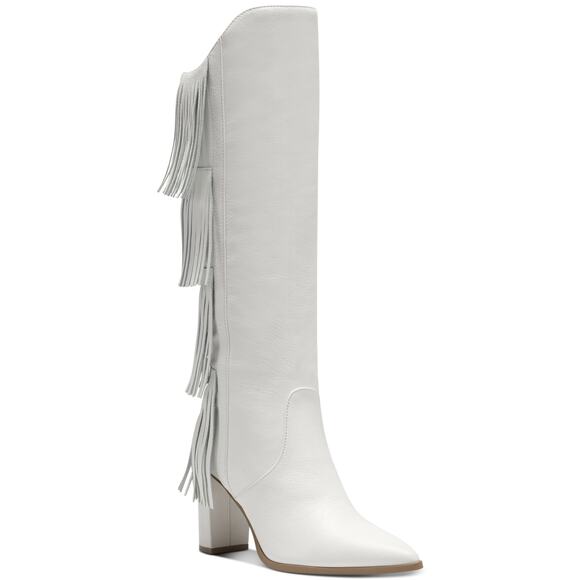 Inc Womens White Fringed Yomesa Pointed Toe Block Heel Leather BOOTS  7.5M - Picture 1 of 1